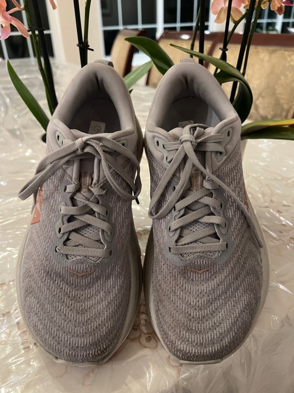 Hoka Women's Light Gray and Rose Athletic Running Shoes